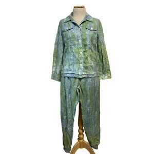 Pure Amici XS Green Tie-Dye 100% Linen Jacket & Jogger Pants Set